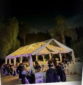 Banquete montado bajo carpa iluminada